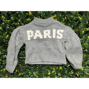 H&M Balloon Sleeve Gray PARIS Cropped Crewneck Sweater Size XS